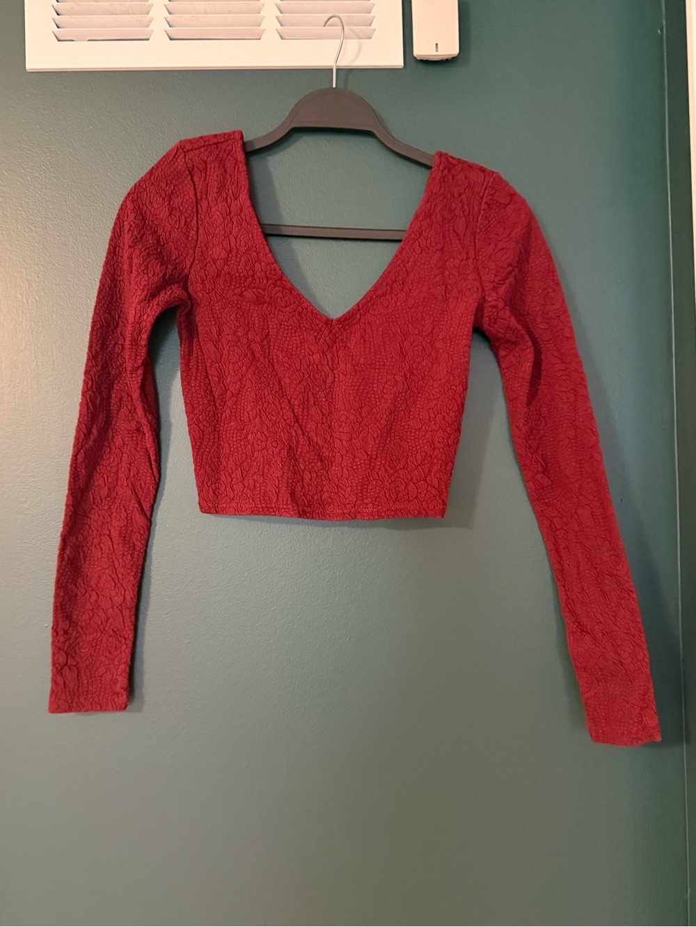 Forever 21 Red Lace Long Sleeve V-Neck Crop Top